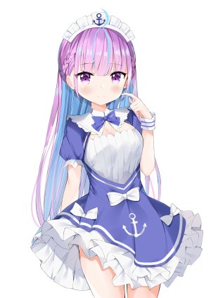 湊あくあ,Hololive,fuyuki030,呆毛,前发,青发,脸红,三股辫,露胸,cleavage,连衣裙,横乳,紫色眼,紫发,笑顔,single,Vtuber,白背景