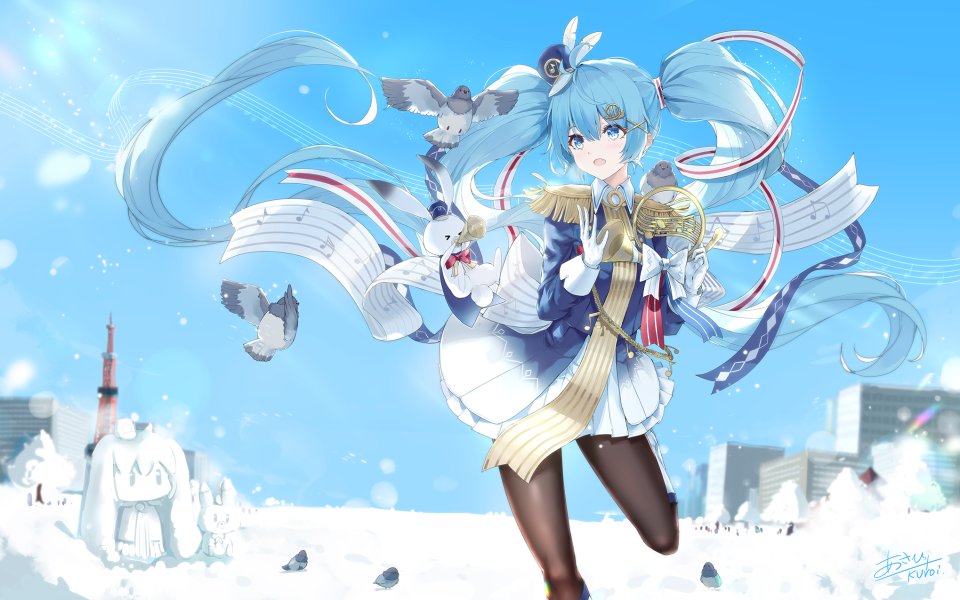 あさひクロイ 初音ミク 雪ミク VOCALOID 长发 雪花 双马尾 Signed