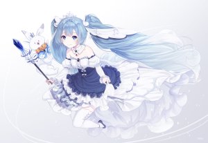 inosia,初音ミク,雪ミク,雪音,VOCALOID,动物,青发,连衣裙,kneehighs,长发,signed