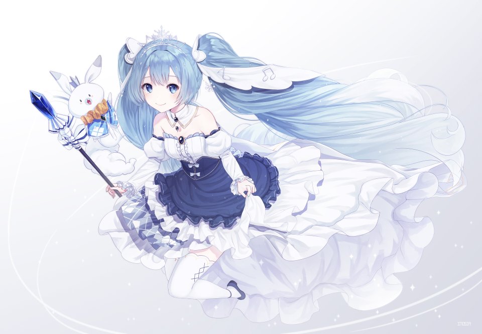 Inosia 初音ミク 雪ミク 雪音 VOCALOID 动物 青发 连衣裙