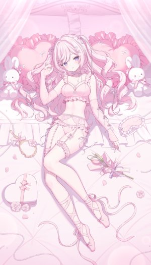 himeno_aimu,独立虚拟YouTuber,Snow_is_,脸红,花束,bra,breasts,项圈,全身,吊带袜,发饰,长发,视线正对,横臥,仮面,项链,胖次,花瓣,粉发,紫色眼,缎带,笑顔,single,毛绒玩具,下着,Vtuber