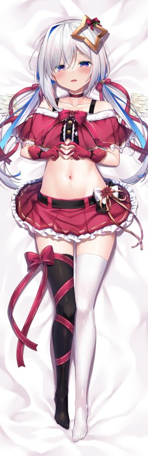 Ekao,shimo,Hololive,火焰之纹章,天音かなた,黑丝,手套,迷你短裙,缎带,短裙,丝袜,结发,双马尾,白丝,碧眼,青发,脸红,灰发,光晕,长发,翅膀,横臥,视线正对,Vtuber,妖精,圣诞节