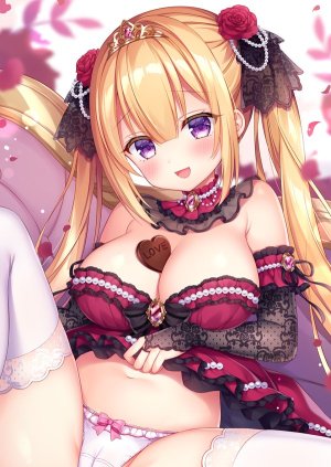 原创,三つ葉ちょこ,露肩,金发,胸部,cleavage,发饰,巨乳,长发,视线正对,露脐,開いた口,胖次,紫色眼,rose,笑顔,single,黑丝,头饰,双马尾,下着,白丝