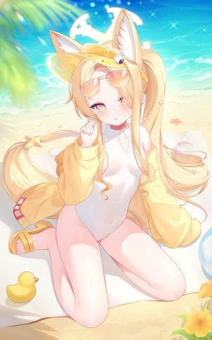 百合园圣娅,蔚蓝档案,兽耳,cameltoe,光晕,妖狐,萝莉,眼镜,泳装