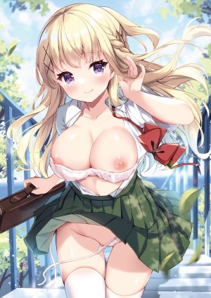 原创,irori,金发,青发,脸红,三股辫,breasts,cleavage,发饰,holding,长发,视线正对,nipples,胖次,紫色眼,衬衫,短裙,掀裙,天空,single,丝袜,下着,白丝,风