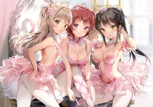 オリジナル,Anmi,長髪,赤面,短い髪,カメラ目線,highres,開いた口,light_erotic,乳房,黒髪,前髪,茶色の髪,笑顔,multiple_girls,brown_eyes,肩出し,座る,大きな乳房,黄色眼