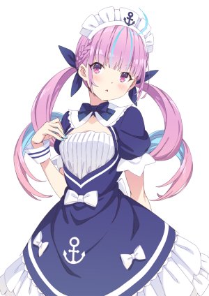 Vtuber,Hololive,湊あくあ,織田広之,长发,single,長身像,脸红,视线正对,前发,白背景,双马尾,紫色眼,紫发,呆毛,直刘海