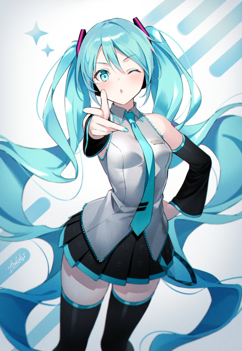 初音ミク VOCALOID Tokki 黑丝 长发 闭只眼 開いた口 衬衫