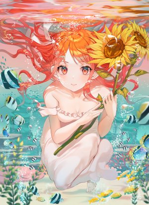 Kinty,少女,オリジナル,ひまわり,花と女の子,向日葵,海,水中,水,裸足,女の子