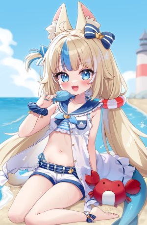 sameko_saba,獨立虛拟YouTuber,moorina,獸耳,海灘,水着,金發,青發,臉紅,貓耳,長發,視線正對,露臍,開口,襯衫,坐姿,天空,笑顔,single,泳裝,Vtuber