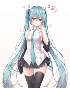 初音ミク,VOCALOID,呆毛,黑丝,碧眼,青发,脸红,胸部,发饰,长袖,视线正对,衬衫,短裙,貧乳,笑顔,single,双马尾,白背景