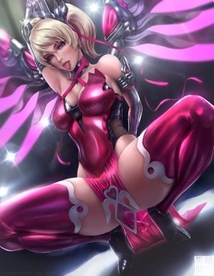 Mercy,PinkMercy,守望先锋,limgae,露肩,金发,碧眼,胸部,cleavage,连衣裙,長手袋,全身,手套,视线正对,横乳,缎带,single,黑丝,双马尾,翅膀