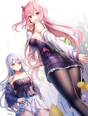 Emily,三枝りこ,原创,Ririko,前发,露肩,黑丝,脸红,三股辫,胸部,巨乳,长发,长袖,视线正对,回头看,横乳,花瓣,粉发,红色眼,缎带,衬衫,银发,短裙,笑顔