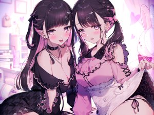 カット,原创,黑发,直刘海,领结,breasts,项圈,cleavage,cross,发饰,长袖,视线正对,项链,開口,胖次,粉发,紫色眼,衬衫,坐姿,短裙,掀裙,笑顔,毛绒玩具,双马尾,下着