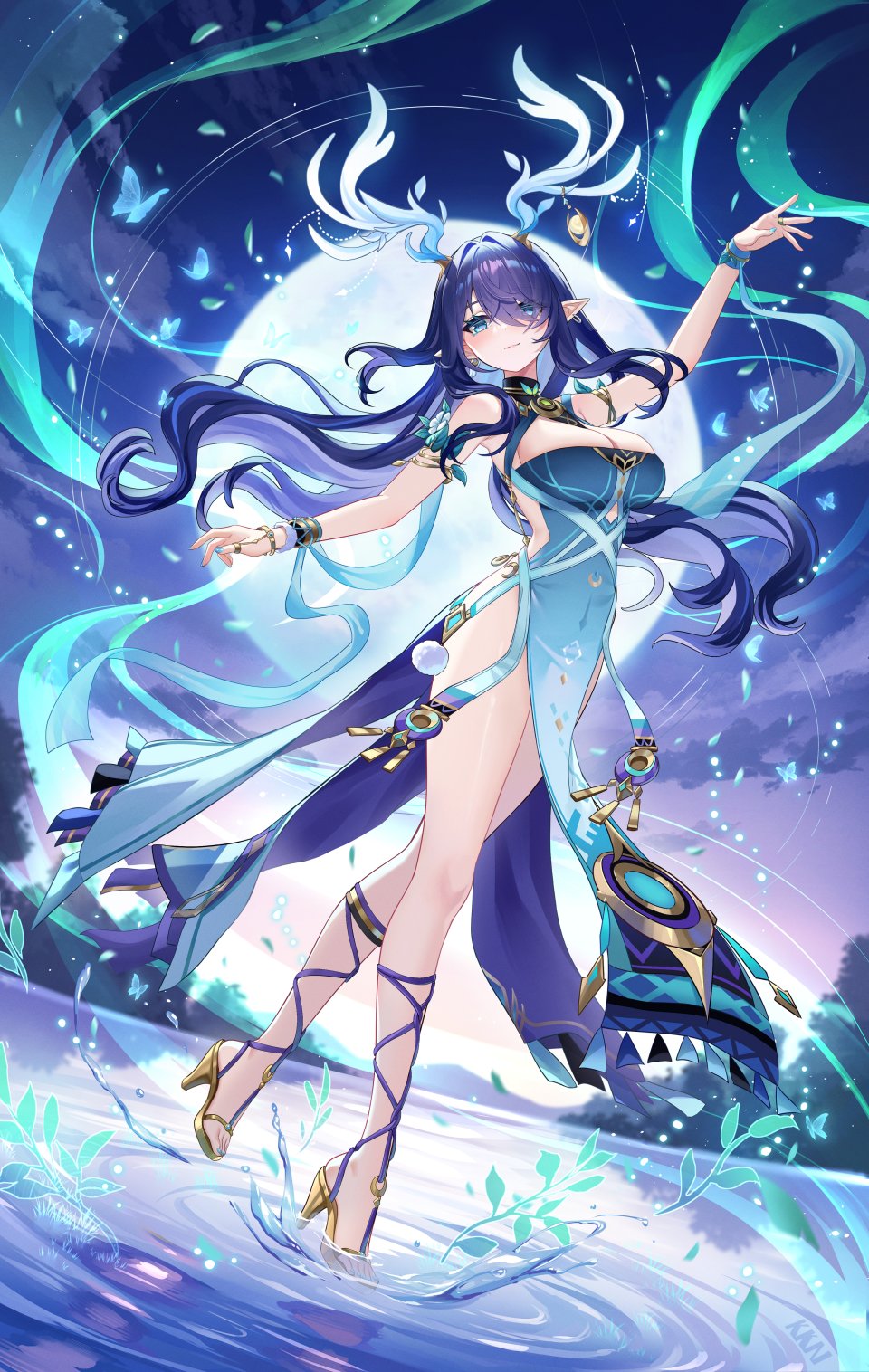 原神 Lalazyt 露肩 青发 Breasts 连衣裙 全身 长发