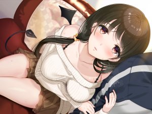 早川あかり,原创,黑发,脸红,胸部,魔鬼,长发,马尾辫,红色眼,短裙,翅膀