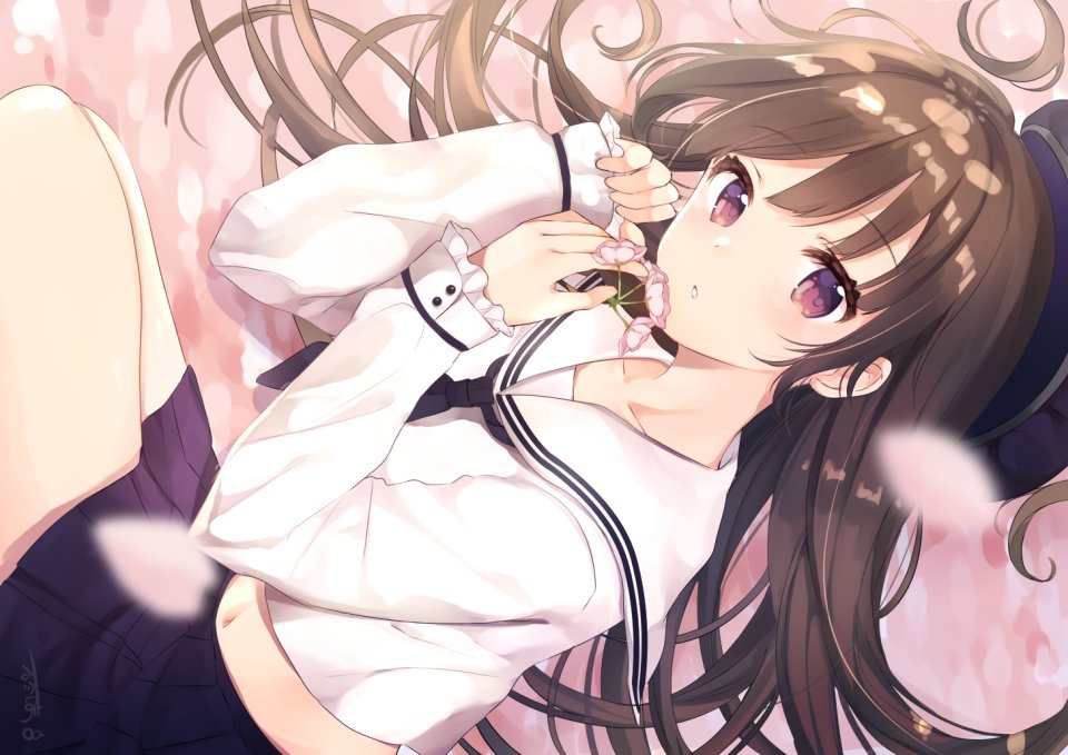 Yushima 原创 脸红 棕色眼 茶发 长发 露脐 学校制服