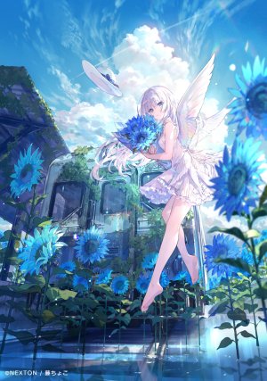原创,藤ちょこ,碧眼,花束,连衣裙,全身,holding,长发,视线正对,天空,single,白发,翅膀