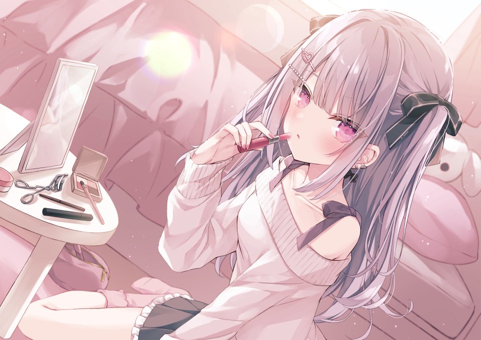 原创 Hoshi 露肩 脸红 Breasts 灰发 发饰 Holding