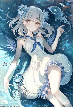 原创,kouyafu,脸红,三股辫,breasts,棕色眼,连衣裙,灰发,发饰,长发,视线正对,横臥,single,白发,翅膀