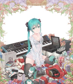 初音ミク,VOCALOID,r/h,呆毛,前发,黑丝,青发,bra,胸部,cleavage,衬衫,绿色眼,发饰,乐器,长发,长袖,视线正对,横乳,坐姿,笑顔,single,下着,白背景