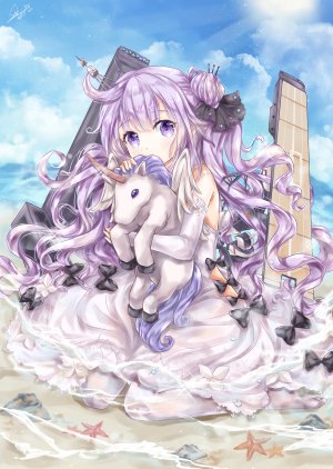 碧蓝航线,Unicorn,chohee,长发,single,長身像,视线正对,紫色眼,坐姿,紫发,天空,呆毛,闪亮