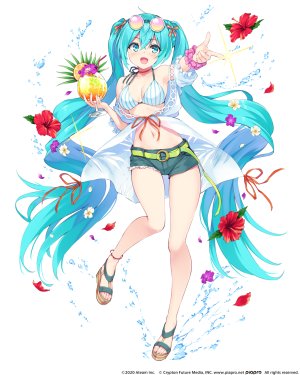 初音ミク,VOCALOID,hisenkaede,裸足,露肩,水着,胸部,项圈,cleavage,全身,holding,长发,视线正对,横乳,露脐,開いた口,笑顔,single,泳装,双马尾,白背景