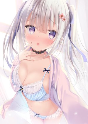 原创,しばいぬ_にき,前发,脸红,bra,露胸,cleavage,发饰,长发,长袖,视线正对,横乳,胖次,紫色眼,银发,single,双马尾,下着