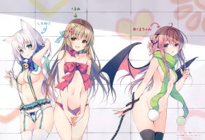 みわべさくら,原创,兽耳,铃,脸红,茶发,猫娘,チェイン,绿色眼,长发,露脐,nude,胖次,粉发,紫色眼,黑丝,下着,白发,翅膀,scan