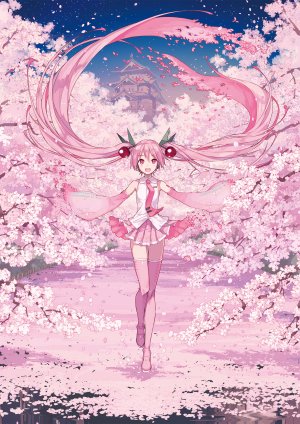 VOCALOID,初音ミク,桜ミク,ixima,single,長身像,视线正对,開いた口,双马尾,粉发,全身,樱花