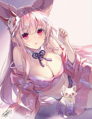 原创,sanbasou,动物,兽耳,露肩,bra,胸部,cleavage,狗,狐娘,发饰,巨乳,长发,视线正对,仮面,迷你短裙,露脐,胖次,粉发,尖耳,红色眼,衬衫,坐姿,短裙,single,下着