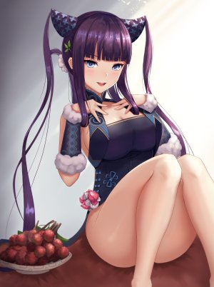 杨贵妃,Fate/GrandOrder,Fate系列,abeen_jhong,前发,露肩,碧眼,直刘海,脸红,胸部,汉服,cleavage,连衣裙,发饰,巨乳,长发,视线正对,開いた口,紫发,坐姿,笑顔,single,双马尾