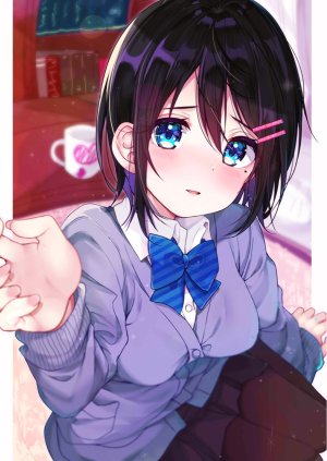 原创,rouka,黑发,碧眼,脸红,胸部,发饰,长袖,视线正对,迷你短裙,黑丝,学校制服,衬衫,短发,坐姿,短裙,笑顔,single