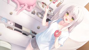 原创,つちくれ,绿色眼,发饰,holding,长发,视线正对,衬衫,笑顔,single,超长发,白发