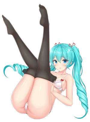 初音ミク,VOCALOID,mikoo_o39,前发,黑丝,碧眼,青发,bra,胸部,全身,长发,视线正对,開いた口,胖次,缎带,貧乳,single,双马尾,下着,白背景