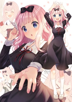 A-1_Pictures,藤原千花,rosuuri,长发,single,長身像,脸红,视线正对,開いた口,碧眼,胸部,前发,巨乳,粉发,holding,全身