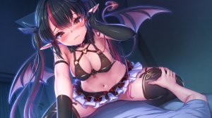 akasaai,lovelia,qureate,troubledays,黑发,脸红,露胸,cleavage,Cosplay,恶魔,長手袋,手套,露脐,胖次,短裙,サキュバス,黑丝,下着,翅膀,游戏CG