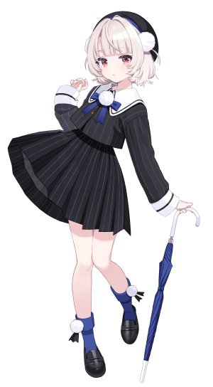 しぐれうい,voisona,发饰,holding,长袖,视线正对,红色眼,短发,短裙,single,雨伞,白背景,白发