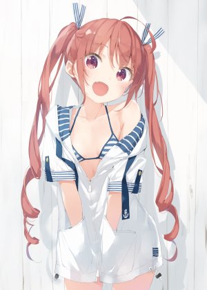 葉月ワトラ,原创,peko,呆毛,前发,水着,脸红,露胸,长发,视线正对,開いた口,红色眼,缎带,貧乳,笑顔,single,泳装,双马尾