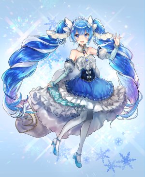 初音ミク,雪ミク,VOCALOID,sasag_yd,前发,碧眼,青发,连衣裙,全身,长发,视线正对,開いた口,黑丝,single,头饰,双马尾,白丝