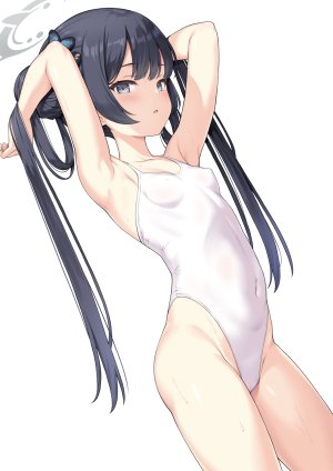 yamasan,蔚蓝档案,竜華キサキ,前发,露肩,黑发,脸红,三股辫,breasts,cameltoe,双团子头,erect_nipples,包子頭,发饰,光晕,长发,视线正对,露脐,nipples,single,泳装,结发,超长发,白背景