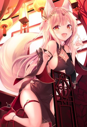 原创,haruka_natsuki,兽耳,露肩,金发,胸部,汉服,连衣裙,ランターン,巨乳,长发,视线正对,開いた口,胖次,笑顔,single,下着