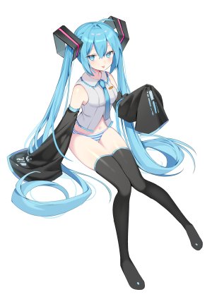 初音ミク,VOCALOID,呆毛,黑丝,碧眼,青发,全身,长发,露脐,胖次,衬衫,坐姿,短裙,single,双马尾,下着,白背景