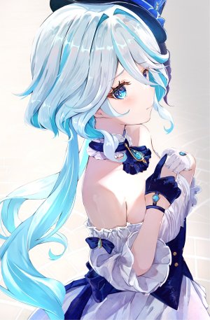 芙甯娜,原神,みはす,露肩,碧眼,青發,連衣裙,手套,灰發,視線正對,短發,single