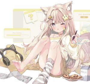 原创,hoshi,兽耳,创可贴,脸红,猫耳,猫娘,猫尾,项圈,发饰,holding,长发,长袖,挤眼,褶皱裙,衬衫,坐姿,短裙,single,超长发,白背景