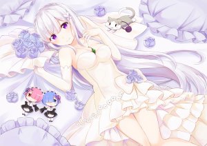 从零开始的异世界生活,蕾姆,Emilia,拉姆,puck,nemu_mohu,长发,single,脸红,视线正对,胸部,前发,笑顔,紫色眼,cleavage,银发,横臥