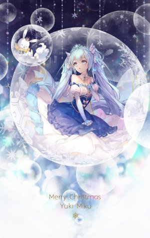 VOCALOID,初音ミク,雪ミク,雪未来,雪ミク2019,ouu_min,single,長身像,碧眼,双马尾,露肩,坐姿,青发,圣诞节,少女