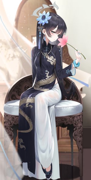 キサキ,蔚蓝档案,dishwasher1910,黑发,脸红,breasts,连衣裙,全身,发饰,光晕,holding,长发,长袖,视线正对,坐姿,短裙,single,超长发