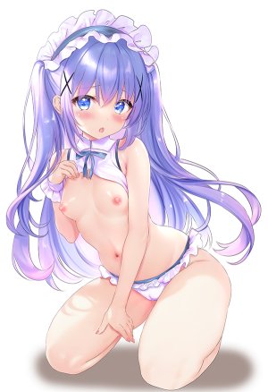 rikatan,香風智乃,请问您今天要来点兔子吗?,水着,碧眼,青发,脸红,breasts,cameltoe,全身,发饰,萝莉,长发,视线正对,露脐,nipples,開口,single,泳装,白背景