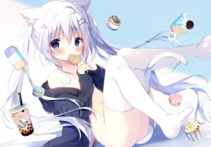 原创,しらたま,兽耳,前发,露肩,碧眼,脸红,猫耳,猫娘,猫尾,发饰,holding,冰淇淋,长发,长袖,视线正对,马卡龙,露脐,银发,single,黑丝,双马尾,白丝